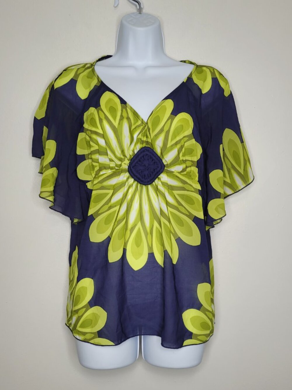HeartSoul green blue flower print dolman sleeve flowy semi sheer top size med